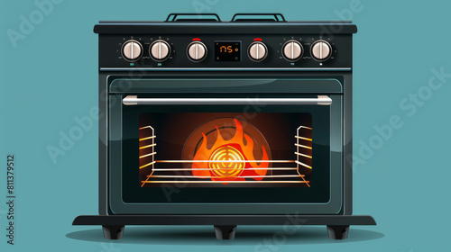 Digital illustration of a vintage style stove with an open oven door  showcasing a glowing orange interior.
