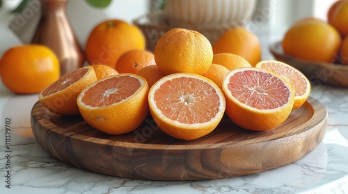 On white marble table, fresh citrus fruits are displayed on a wood plate
