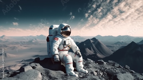 Astronaut on the background of the mountains. 3d rendering