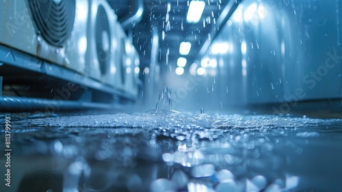 Raindrops falling on a wet floor in a factory. Blurred background
