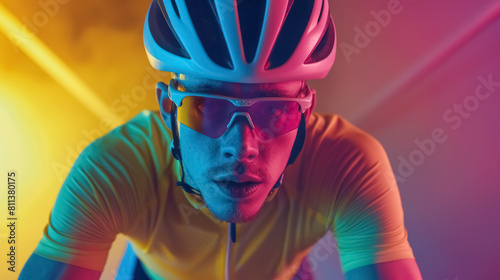 tour de france cyclist in the winner yellow jersey under colorful neon lighting photo