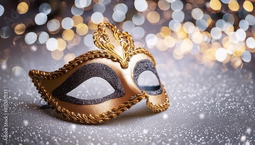 luxury venetian mask on dark silver bokeh background new year eve and christmas party celebration design banner fantasy carneval masquerade event costume