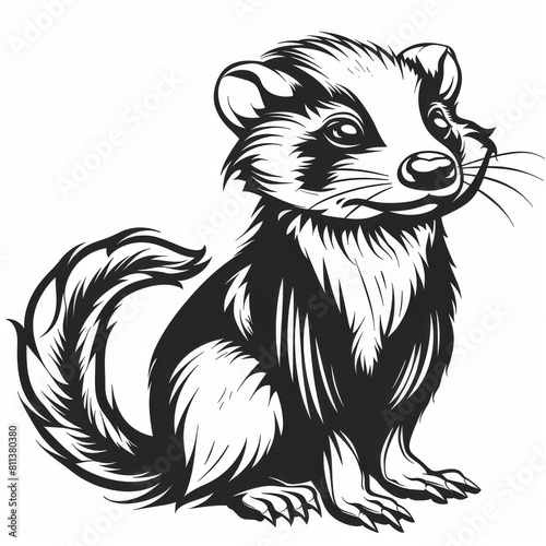Artistic black and white illustration of a ferret  detailed with vibrant expressions.