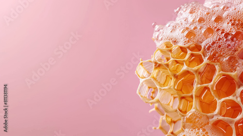 acro shot of honeycomb on a trendy soft pink gradient background, with copy space for text photo