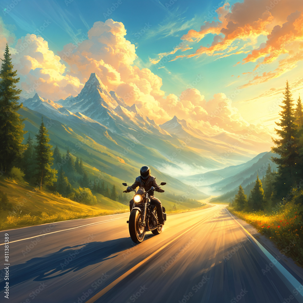 A person riding a motorcycle on a winding road, surrounded by majestic mountains and lush greenery under a clear blue sky with clouds. A person riding a motorcycle on a winding road, surrounded by majestic mountains and lush greenery under a clear blue sky with clouds.
