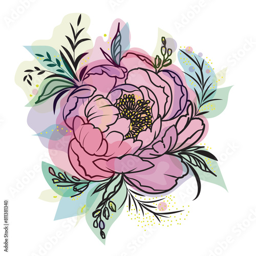 Peony flower with black outline print
