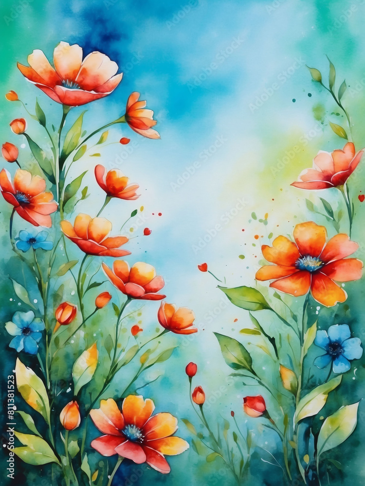 Blossoming Canvas, Colorful flowers on K background, watercolor, acrylic, blue sky, green, red, orange.