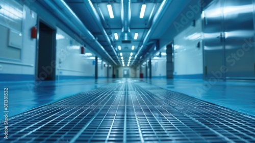 empty Industrial interior of a modern factory. Industrial background. Blue toned