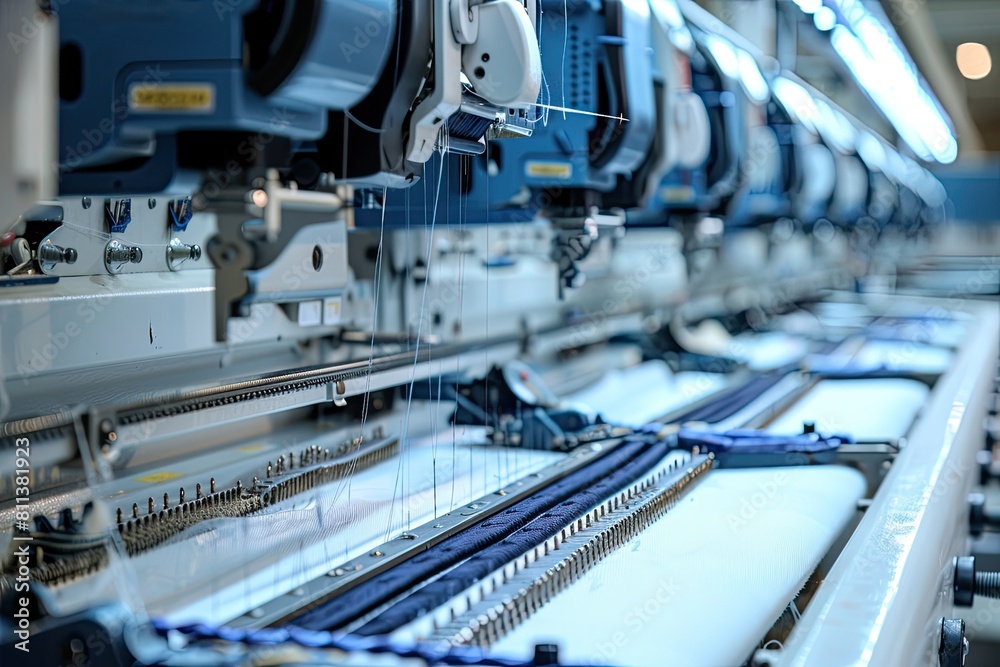 A machine is making a blue fabric A machine is making a blue fabric