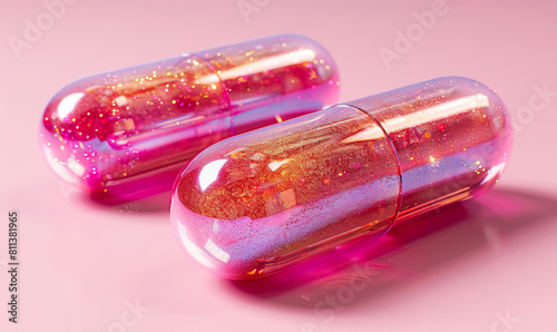 Iridescent Glittery Magic Pills Encapsulating Sparkles of Life Essence on Vibrant Pink Background - Abstract Concept of Miracle Cure or Vitality Supplements