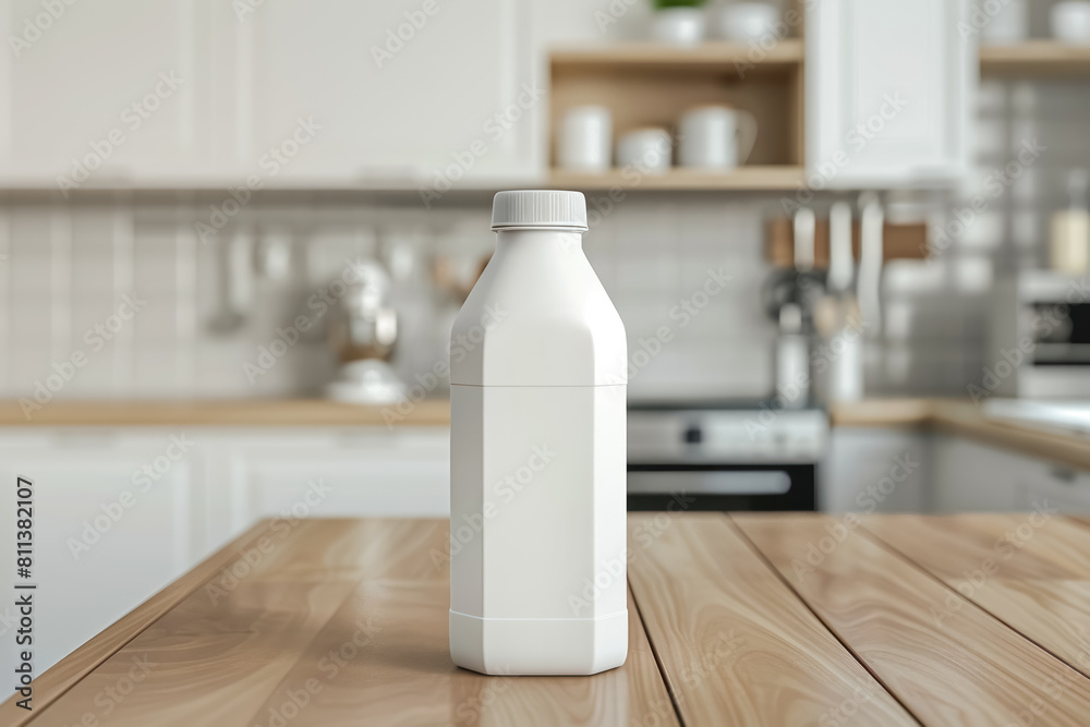 A Blank White Milk Bottle Mockup on Wooden Kitchen Table