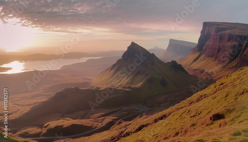 mountain panorama landscape in scotland quiraing at dramatic sunrise