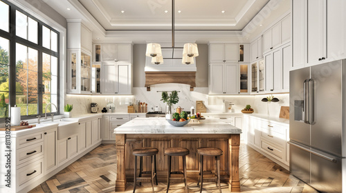 Kitchen in luxury home with white cabinetry. photo
