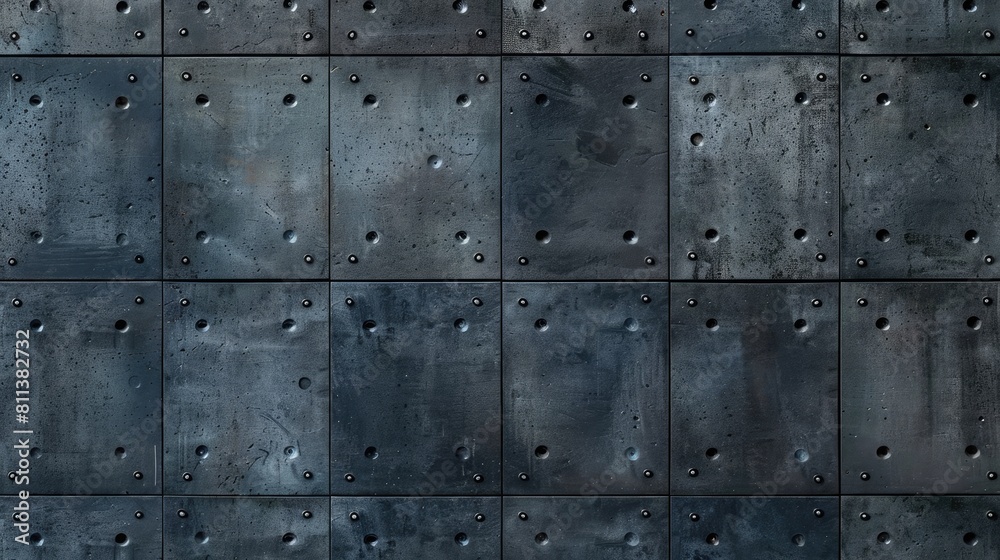 A wall made of metal studs with a lot of holes. The wall is very dark and has a lot of texture