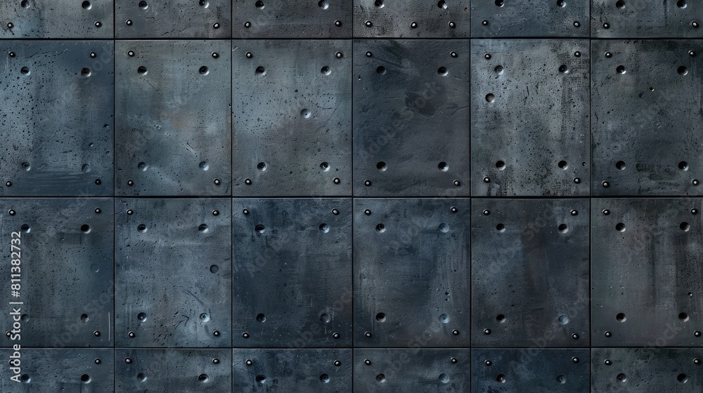 Fototapeta premium A wall made of metal studs with a lot of holes. The wall is very dark and has a lot of texture