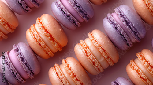 overhead view of colorful macarons arranged neatly on a purple background photo