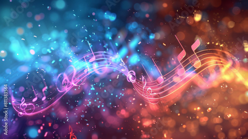 An artistic rendering of glowing music notes flowing across a vibrant, colorful abstract background.