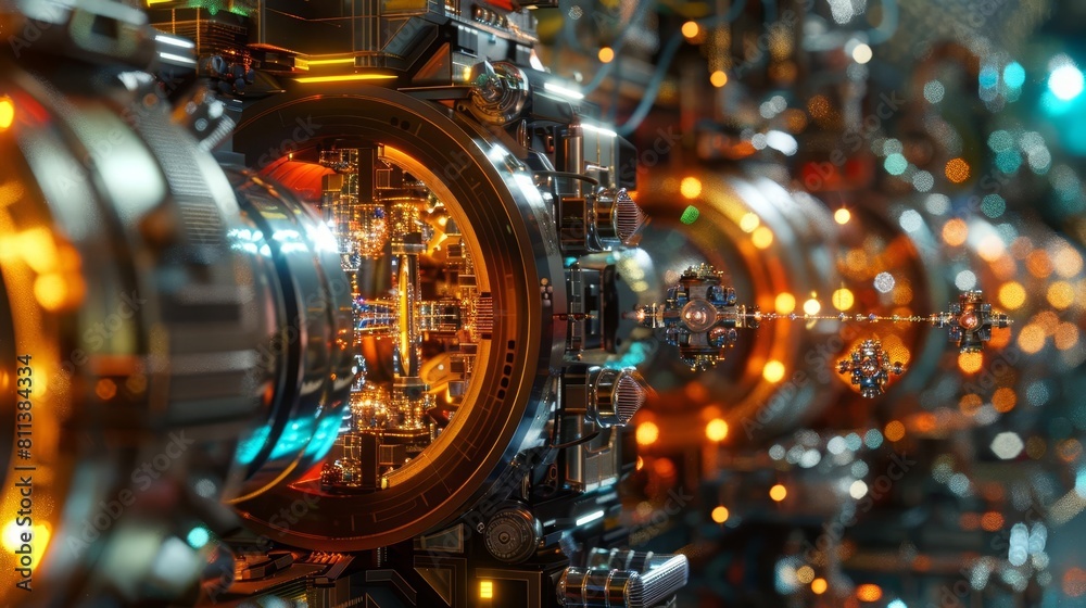 A 3D rendering of a complex quantum computer setup with entangled particles and advanced machinery A 3D rendering of a complex quantum computer setup with entangled particles and advanced machinery