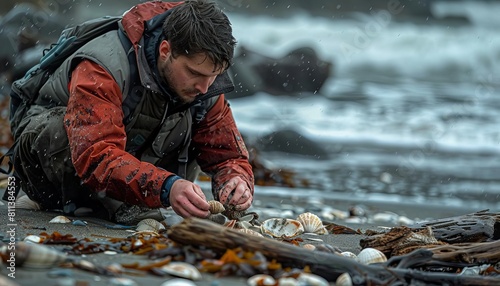 A beachcomber searching for treasures washed ashore by the changing tides, uncovering shells and driftwood photo