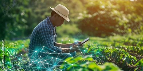 A farmer wearing a hat is utilizing a tablet to manage crops with digital network icons overlay, denoting smart agriculture practices photo