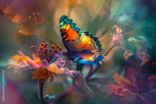 Vividly colored butterfly resting on enchanting flowers with a dreamy, bokeh background suggesting wonder