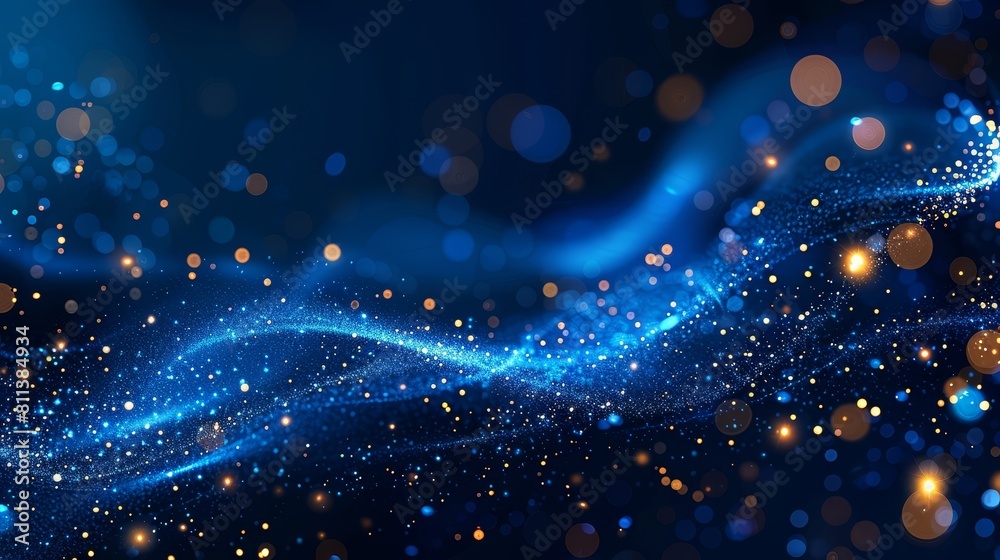 Fototapeta premium Abstract blue bokeh lights background with glowing particles and dots