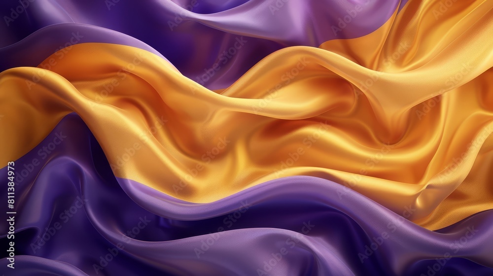 Abstract fluid 3D render of gold and purple silk fabric with beautiful wavy shapes on a dark background, various Chinese artists Abstract fluid 3D render of gold and purple silk fabric with beautiful wavy shapes on a dark background, various Chinese artists