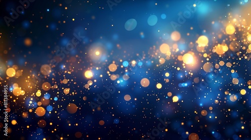 Abstract blurred background with bokeh lights and particles on a dark blue background Background design that could be used for Christmas