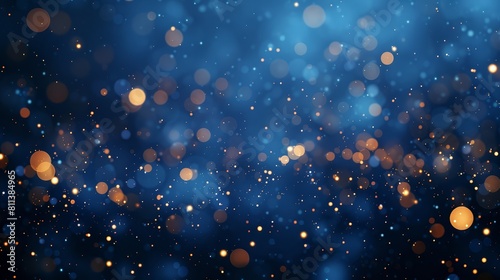 Abstract blurred background with bokeh lights and particles on a dark blue background Background design that could be used for Christmas
