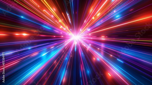 Abstract colorful light rays background with neon lines and glowing speed effects on a black backdrop  red  blue  purple and orange colors design in the style of technology concept