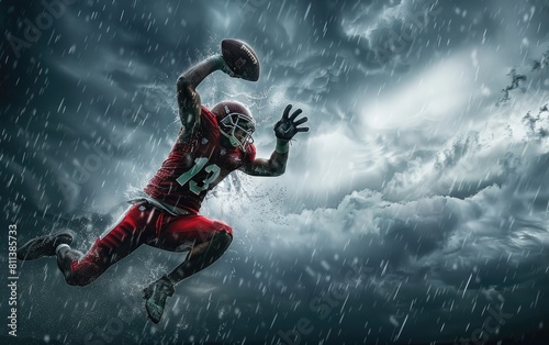 Football player jumping for a catch under stormy skies. © OLGA