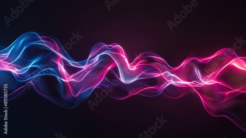 3d render, pink and blue sound waves on black background