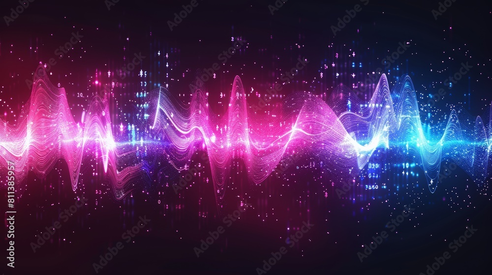 A pink and blue glowing sound wave on black background, A pink and blue glowing sound wave on black background,