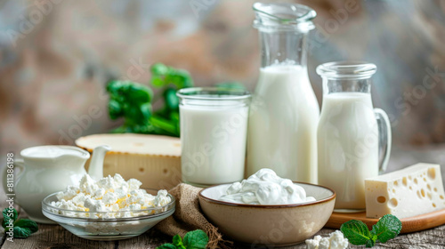 Vegan milk products. tasty healthy dairy products on a table on. sour cream in a bowl, cottage cheese bowl, cream in a a bank and milk jar, glass bottle and in a glass.