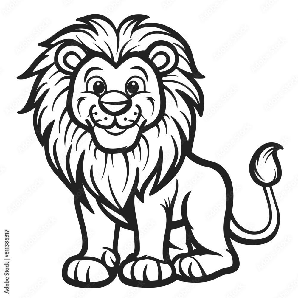 Smiling cartoon lion in black and white. Smiling cartoon lion in black and white.