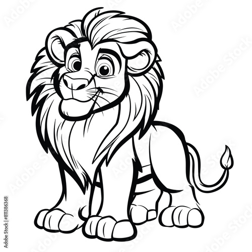 Happy cartoon lion with a majestic mane smiles at the viewer in this black and white drawing.
