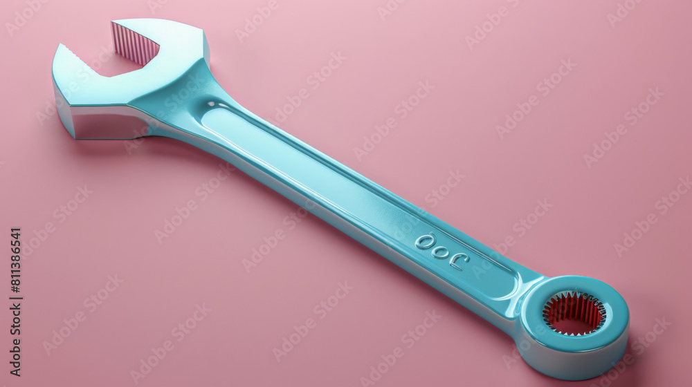 A blue adjustable wrench lays on a monochromatic pink background, highlighting its sleek, modern design. A blue adjustable wrench lays on a monochromatic pink background, highlighting its sleek, modern design.
