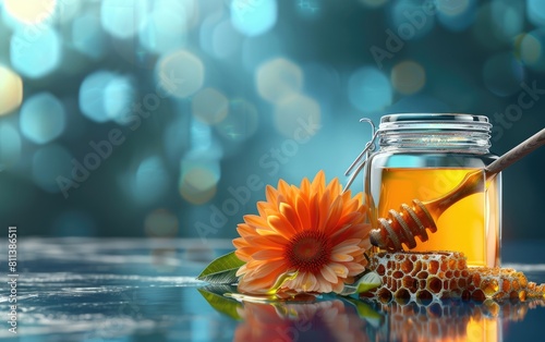 Golden honey in a jar with dipper, honeycomb, and orange flower.