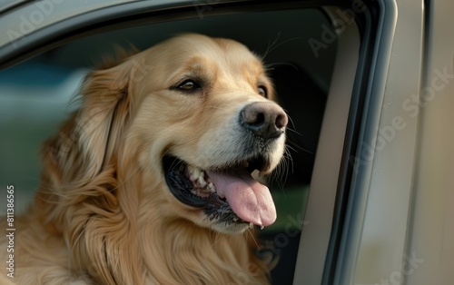Golden retriever enjoys a car ride, head out the window, tongue out. © OLGA