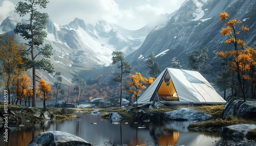 Capture a majestic wilderness camping scene with a futuristic twist using photorealistic digital rendering techniques Show a high-tech tent blending seamlessly into the natural landscape, with an unex photo