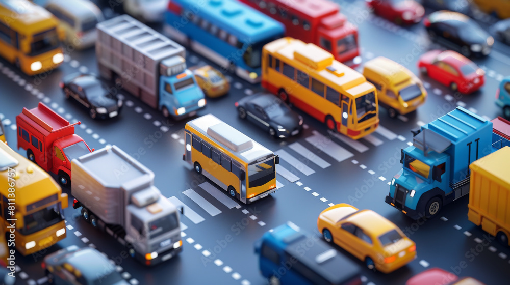 Naklejka premium An overhead view of colorful toy cars, buses, and trucks on a simulated city road layout, depicting urban traffic.