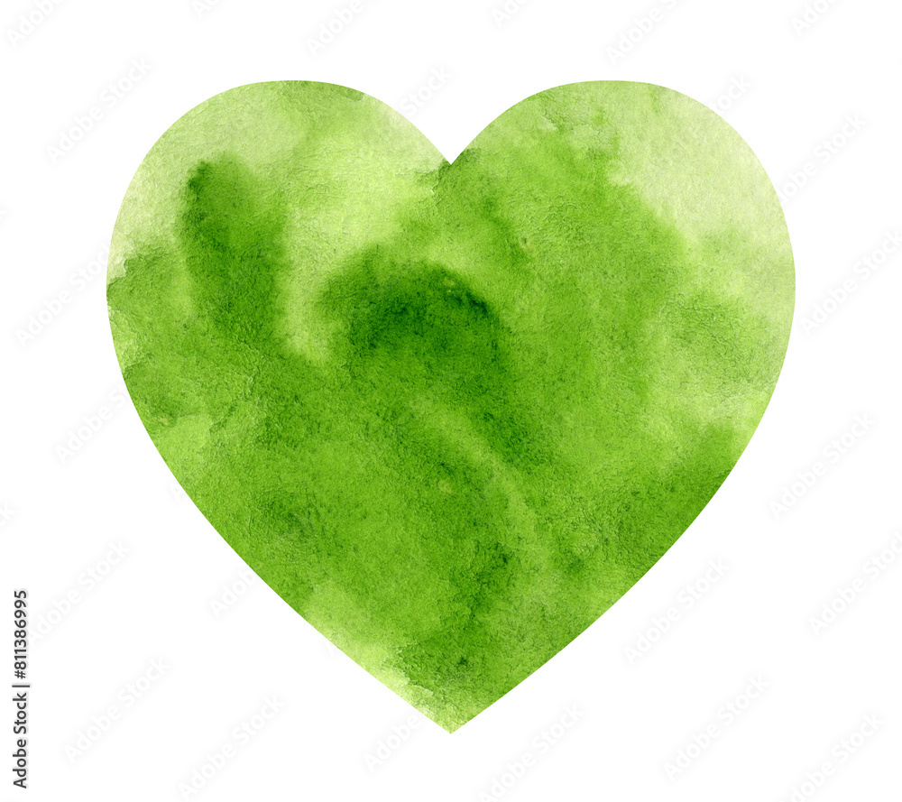 Watercolor green heart on a white background, hand-painted. A symbol of ...