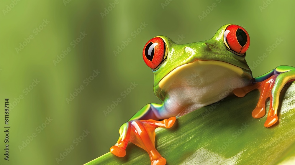 Obraz premium Frog peeking out background. A cute green tree frog peeks out from the edge of a solid color background.