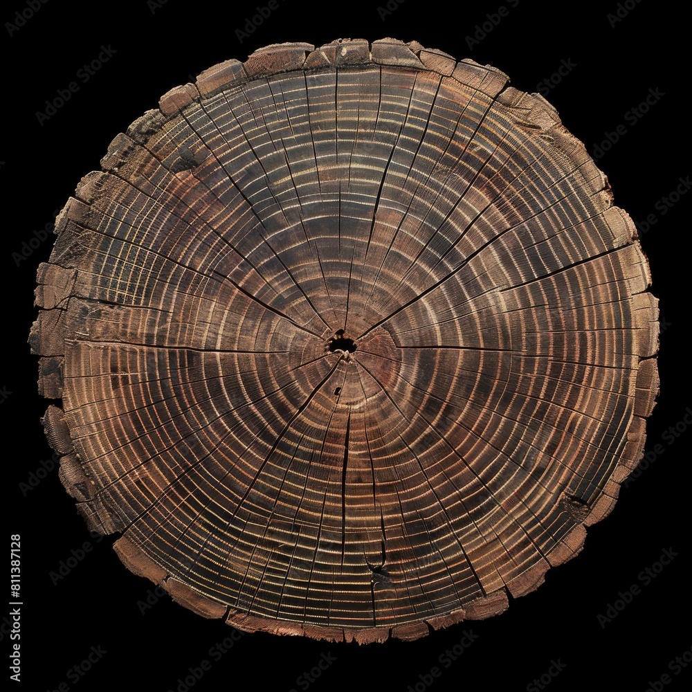 A closeup of a tree stump reveals the intricate annual rings of the wood, showcasing a natural pattern of circles and symmetry. Fungus grows on the trunk, adding to the natural landscape A closeup of a tree stump reveals the intricate annual rings of the wood, showcasing a natural pattern of circles and symmetry. Fungus grows on the trunk, adding to the natural landscape