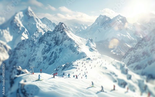 Group of skiers enjoying a sunny day on snowy mountain peak