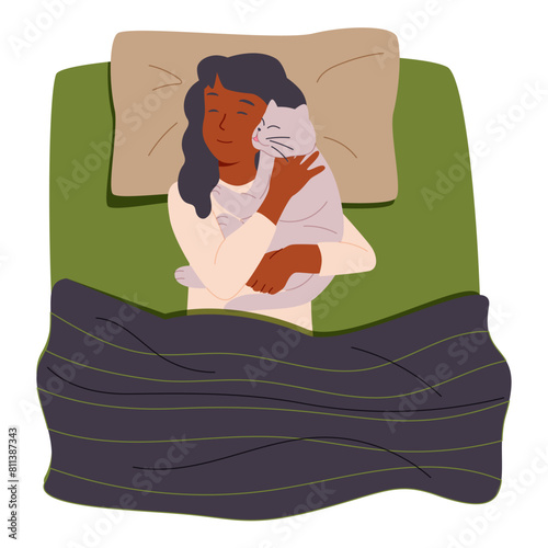 Morning sleep of woman with cute cat sleeping and lying on her. Person sleeping in bed with kitty.