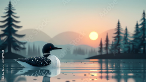 Serene scene of a loon duck peacefully floating on a calm lake with pine trees and sunset backdrop. photo