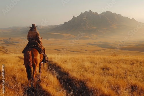 A cowboy on horseback follows a trail leading towards imposing rocky mountains during sunset