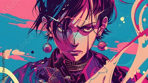 Captivating Anime Inspired Character in Vintage Poster Style with Vibrant Magenta and Cyan Hues photo