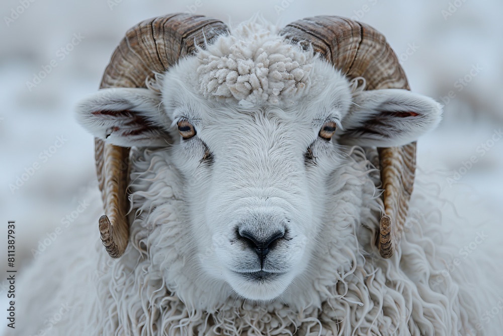 A sheep stands stoically against a backdrop of snow, detailed and clear in the forefront A sheep stands stoically against a backdrop of snow, detailed and clear in the forefront